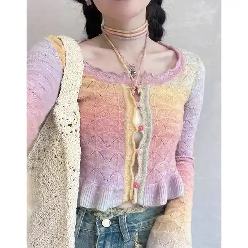 纯欲风镂空喇叭袖彩虹色针织开衫早春气质绝美修身短款辣妹上衣女