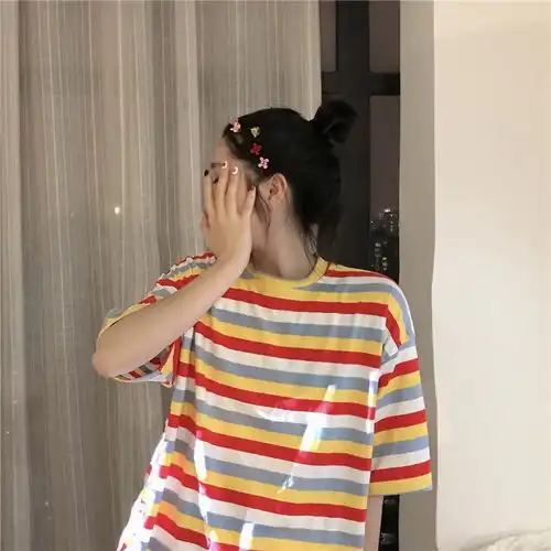 闺蜜装夏装韩版彩虹条纹网红t恤女短袖学生衣服宽松上衣港风ins潮