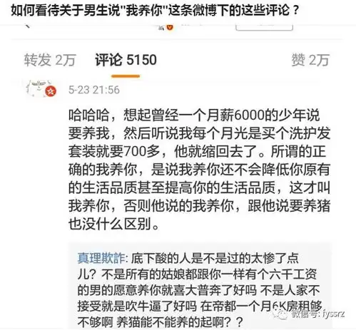 大多数男人说的我养你,就跟说要养猪一样,所谓的我养你应该是提高你的生活质量的养你......