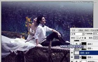 photoshop调出梦幻蓝色调的河边婚纱照