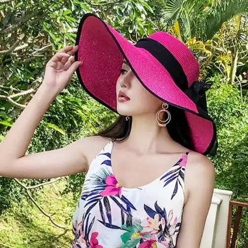 沙滩帽子女夏遮阳帽防晒大沿帽可折叠百搭草帽防紫外线海边太阳帽