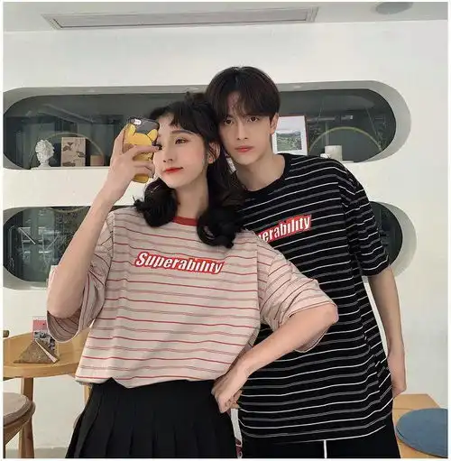 卓纪复古条纹情侣装女夏装ins超火港风网红情侣版抖音同款半袖男t恤夏