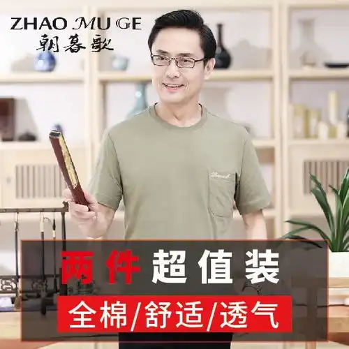 爸爸装纯棉短袖t恤男士圆领宽松4050岁中老年休闲上衣大码男装