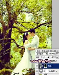 ps调出黄绿色树林中的情侣婚纱照片