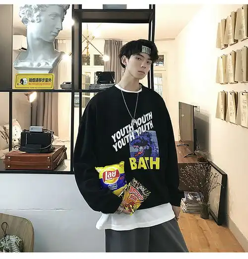 春季ins卫衣男港风韩版原宿风印花情侣宽松圆领打底衫上衣潮bj福卡商城