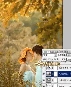 photoshop调出金黄色树林中的浪漫情侣照片