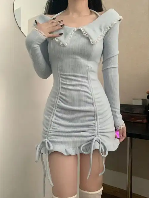 越韩小鱼纯欲风春秋女修身辣妹抽绳复古风蓝色内搭针织连衣裙