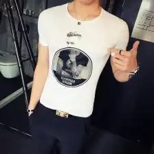 欧美风绅士人物印花短袖男体恤衫弹力紧身半袖潮男装夏季圆领t恤
