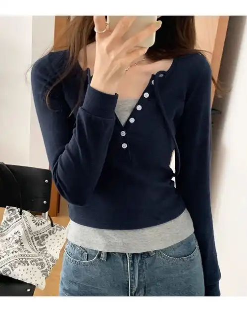纯欲风辣妹撞色拼接长袖正肩t恤女秋季修身紧身打底衫假两件上衣