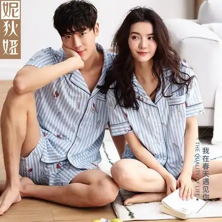 妮狄娅2018新款情侣睡衣女夏季短袖纯棉短裤开衫条纹卡通可爱男家居服
