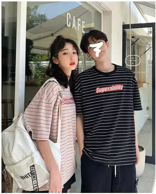 卓纪复古条纹情侣装女夏装ins超火港风网红情侣版抖音同款半袖男t恤夏